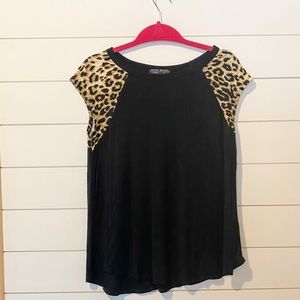 Boutique Black Tee with Leopard Cheetah Sleeves